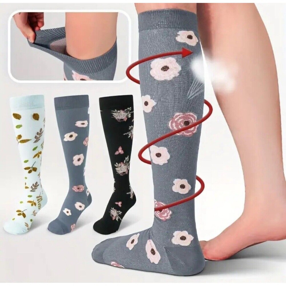 Los Angeles Boutique Knee High Socks Boho Floral Compression Sock Travel L/XL